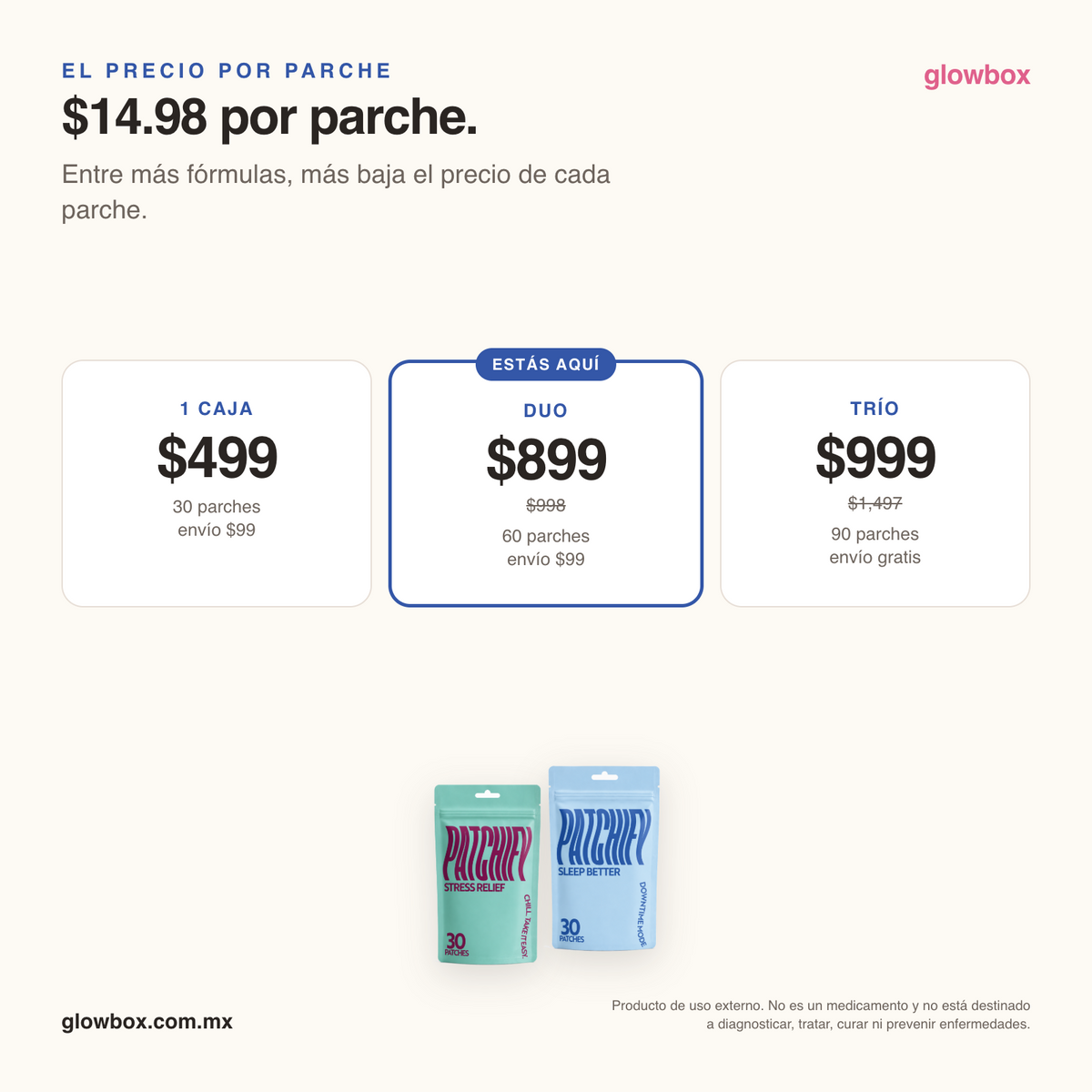 Precio por parche del duo: $14.98. Escalera 1 caja $499, duo $899, trio $999 con envio gratis