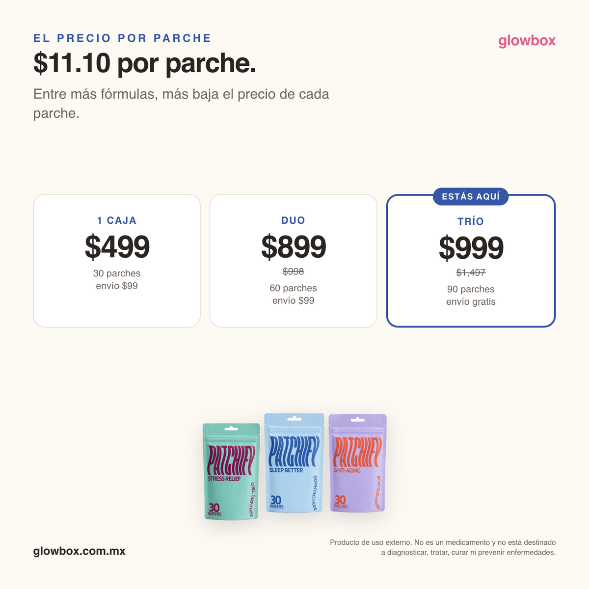 Precio por parche del trio: $11.10. Escalera 1 caja $499, duo $899, trio $999 con envio gratis