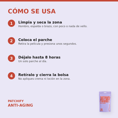 Cómo se usa Patchify Anti-Aging: limpia la zona, coloca el parche, déjalo hasta 8 horas y cierra la bolsa