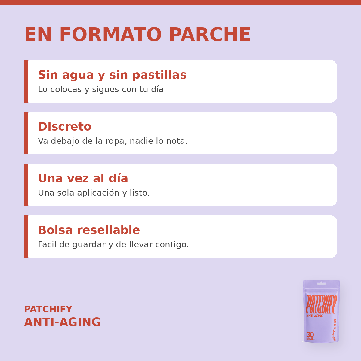 Patchify Anti-Aging en formato parche: sin agua ni pastillas, discreto, una vez al día, bolsa resellable