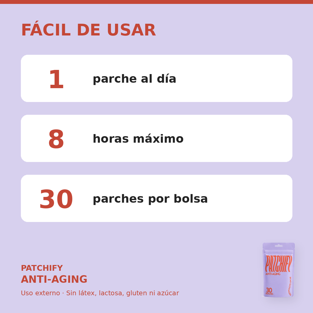 Patchify Anti-Aging: 1 parche al día, 8 horas máximo, 30 parches por bolsa