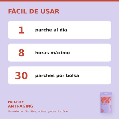 Patchify Anti-Aging: 1 parche al día, 8 horas máximo, 30 parches por bolsa