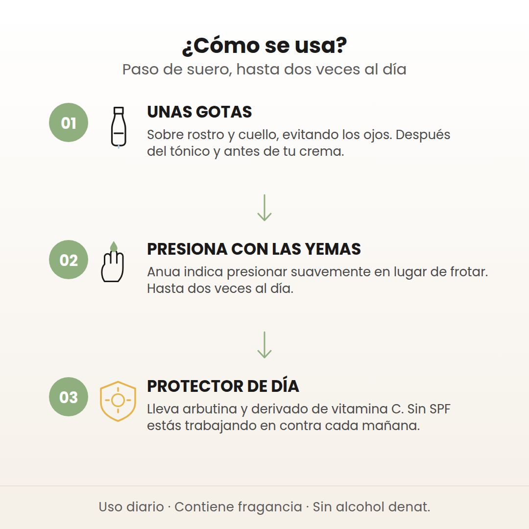 Cómo se usa el suero Peach 70%: unas gotas, presionar con las yemas y protector solar de día