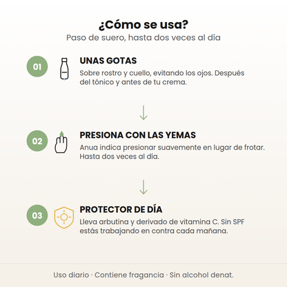 Cómo se usa el suero Peach 70%: unas gotas, presionar con las yemas y protector solar de día