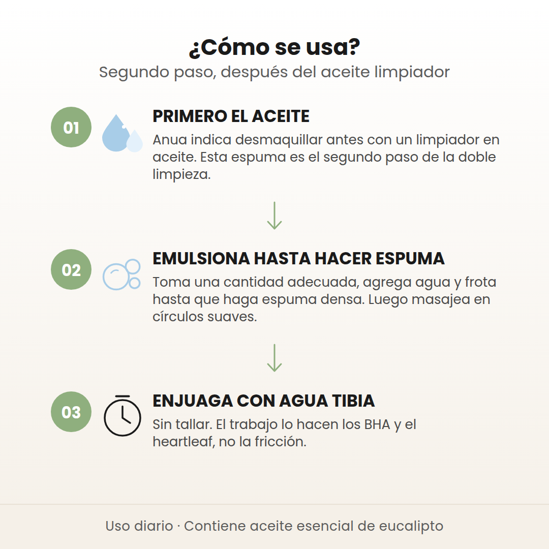 Cómo se usa el limpiador de Anua en 3 pasos: primero el aceite limpiador, emulsiona hasta hacer espuma y enjuaga con agua tibia