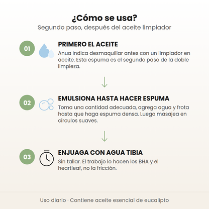 Cómo se usa el limpiador de Anua en 3 pasos: primero el aceite limpiador, emulsiona hasta hacer espuma y enjuaga con agua tibia