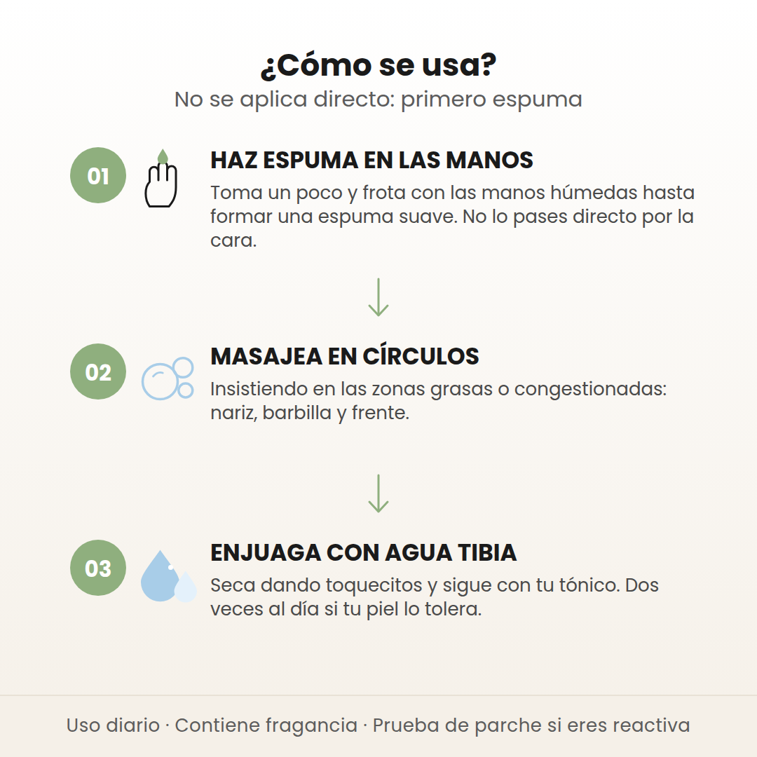 Cómo se usa el mochi cleanser de Arencia en 3 pasos: haz espuma en las manos, masajea en círculos y enjuaga con agua tibia