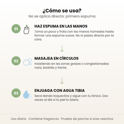 Cómo se usa el mochi cleanser de Arencia en 3 pasos: haz espuma en las manos, masajea en círculos y enjuaga con agua tibia