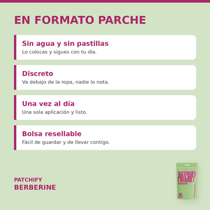 Patchify Berberine en formato parche: sin agua ni pastillas, discreto, una vez al día, bolsa resellable