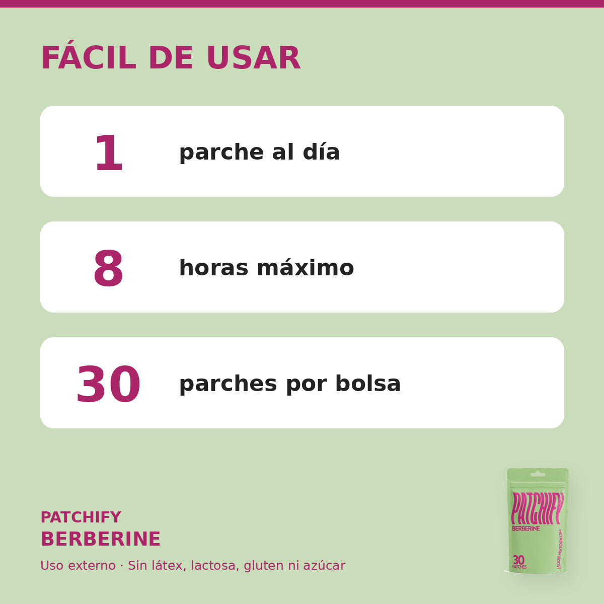 Patchify Berberine: 1 parche al día, 8 horas máximo, 30 parches por bolsa