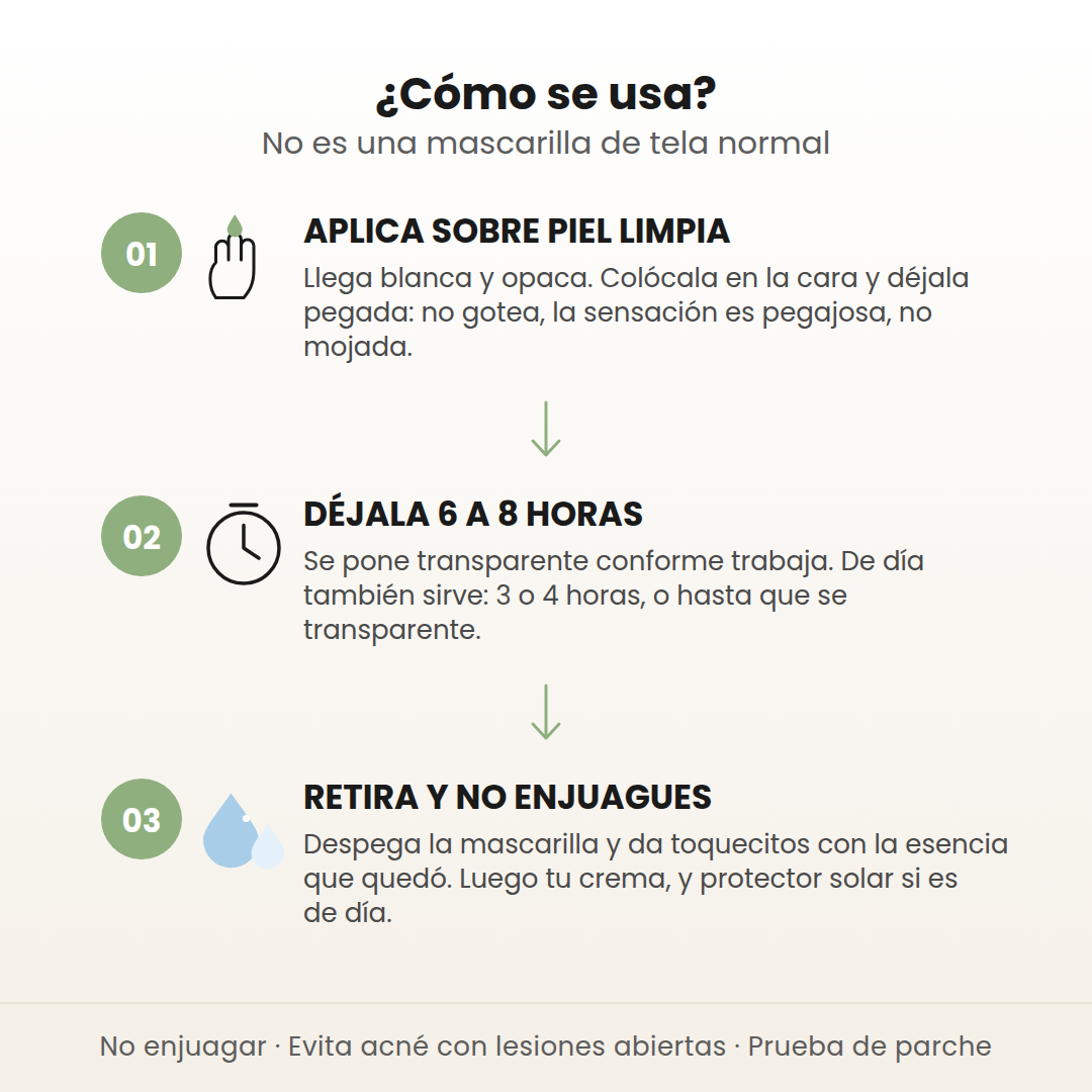Cómo se usa la mascarilla de Biodance en 3 pasos: aplica sobre piel limpia, déjala 6 a 8 horas y retira sin enjuagar