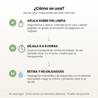 Cómo se usa la mascarilla de Biodance en 3 pasos: aplica sobre piel limpia, déjala 6 a 8 horas y retira sin enjuagar