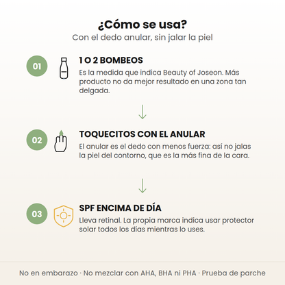 Cómo se usa el contorno de Beauty of Joseon en 3 pasos: 1 o 2 bombeos, toquecitos con el dedo anular y protector solar de día