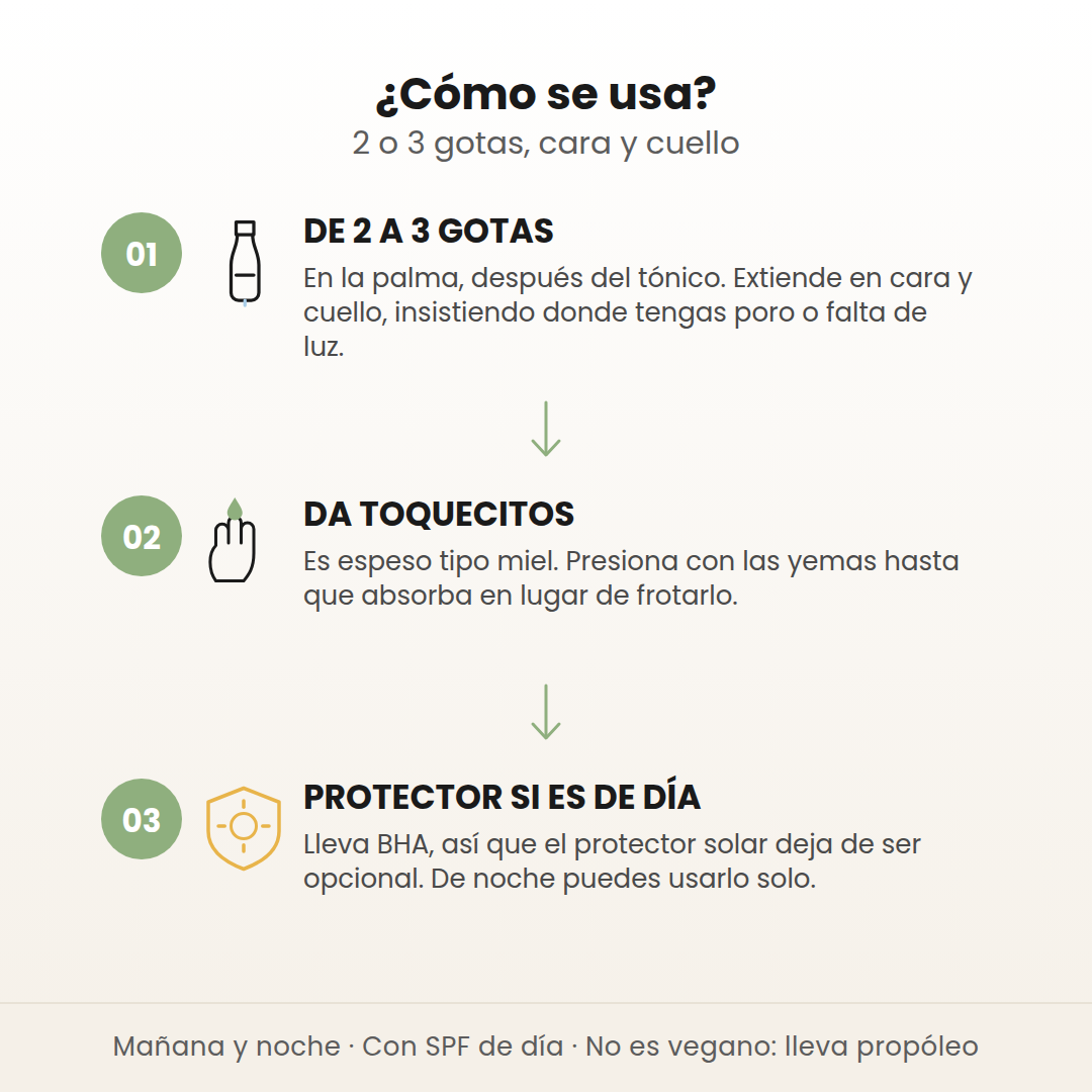 Cómo se usa el Glow Serum de propóleo en 3 pasos: 2 o 3 gotas, toquecitos y protector solar de día