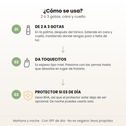 Cómo se usa el Glow Serum de propóleo en 3 pasos: 2 o 3 gotas, toquecitos y protector solar de día