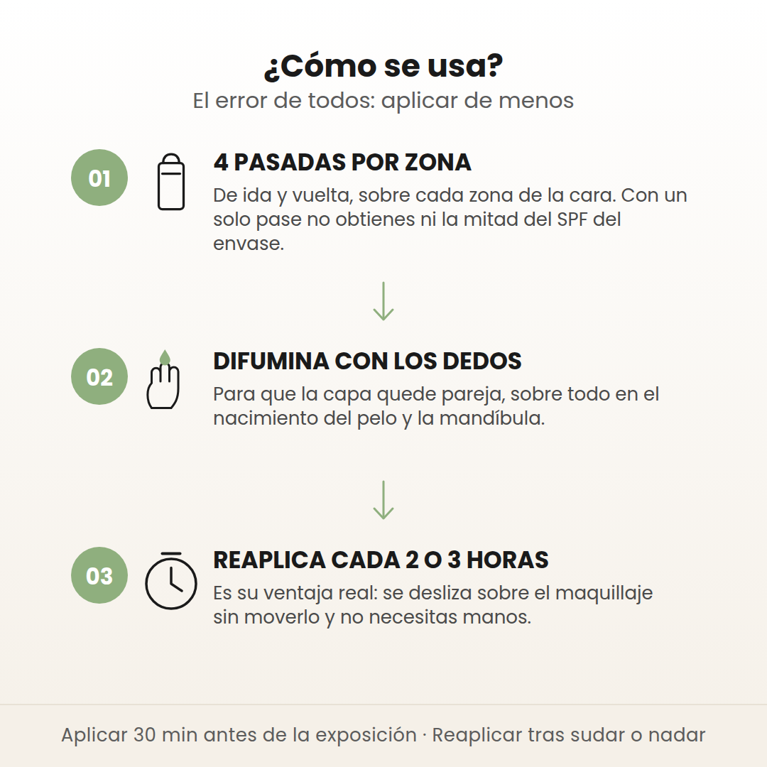 Cómo se usa el Matte Sun Stick: 4 pasadas por zona, difuminar con los dedos y reaplicar cada 2 horas