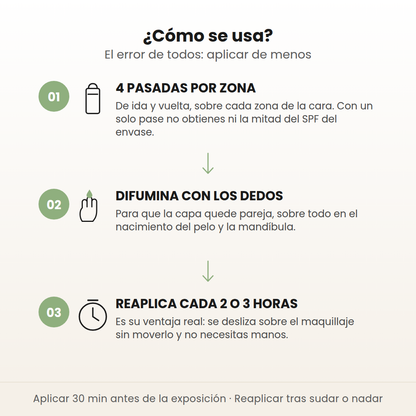 Cómo se usa el Matte Sun Stick: 4 pasadas por zona, difuminar con los dedos y reaplicar cada 2 horas