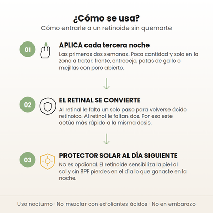 Cómo se usa el Celimax Retinal Shot en 3 pasos: aplica cada tercera noche, el retinal se convierte y usa protector solar al día siguiente