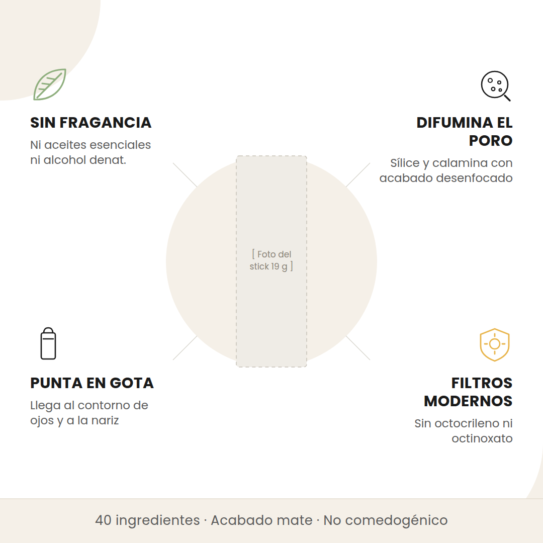 Beneficios del Celimax Oil Control Mattifying Sun Stick: sin fragancia, difumina el poro, punta en gota y filtros modernos