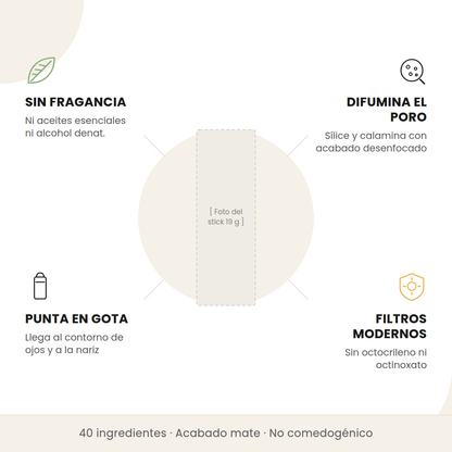 Beneficios del Celimax Oil Control Mattifying Sun Stick: sin fragancia, difumina el poro, punta en gota y filtros modernos
