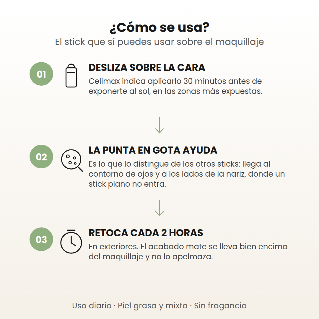 Cómo se usa el Oil Control Sun Stick de Celimax en 3 pasos: desliza sobre la cara, usa la punta en gota y retoca cada 2 horas