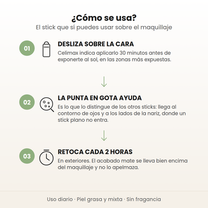 Cómo se usa el Oil Control Sun Stick de Celimax en 3 pasos: desliza sobre la cara, usa la punta en gota y retoca cada 2 horas