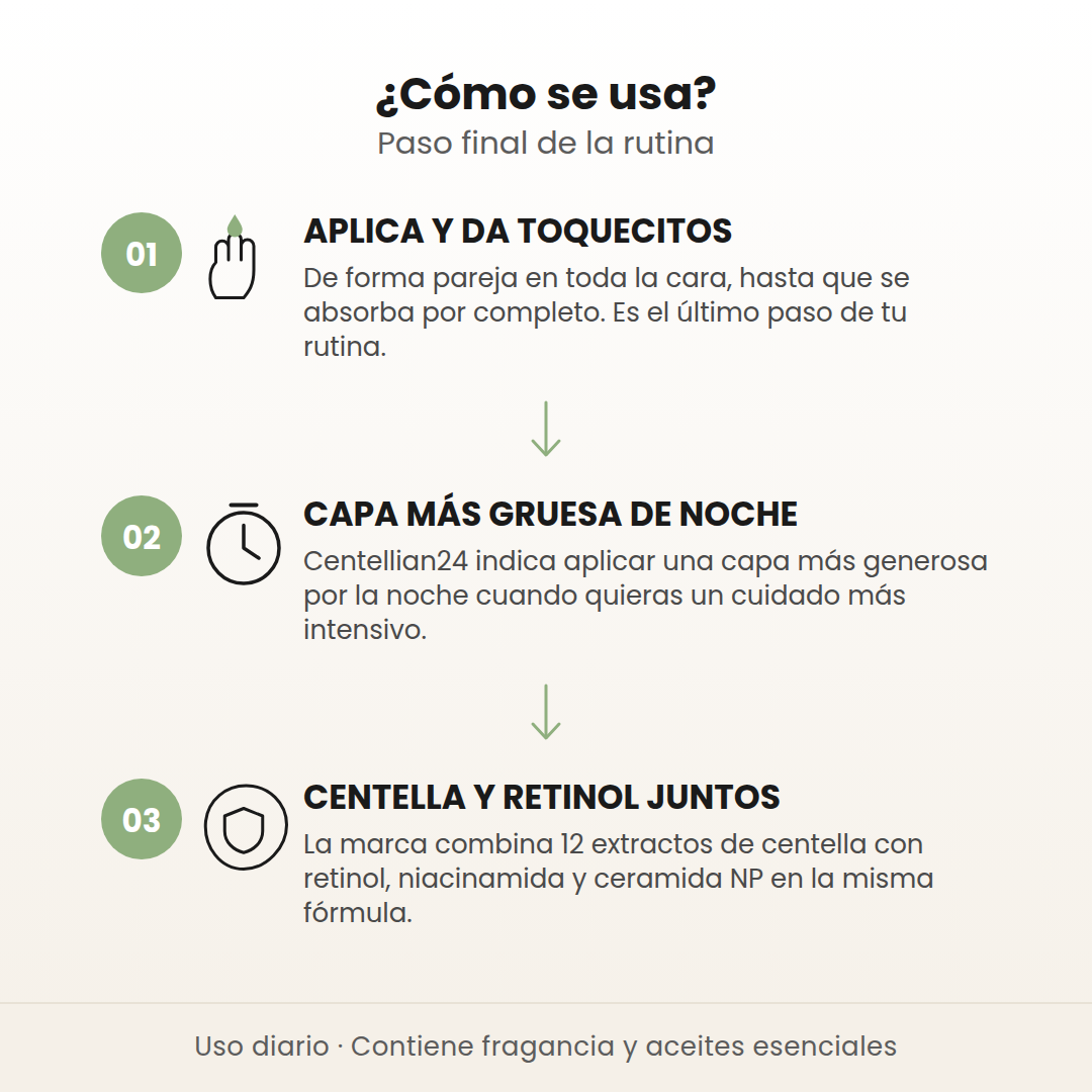 Cómo se usa la Madeca Cream Time Reverse en 3 pasos: aplica y da toquecitos, capa más gruesa de noche, centella y retinol juntos