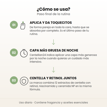 Cómo se usa la Madeca Cream Time Reverse en 3 pasos: aplica y da toquecitos, capa más gruesa de noche, centella y retinol juntos