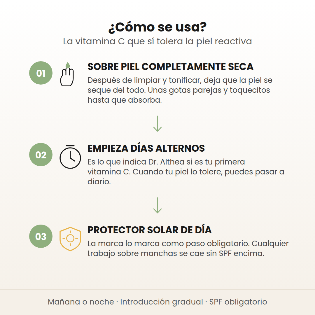 Cómo se usa el suero de vitamina C de Dr. Althea en 3 pasos: sobre piel seca, empieza días alternos y usa protector solar de día