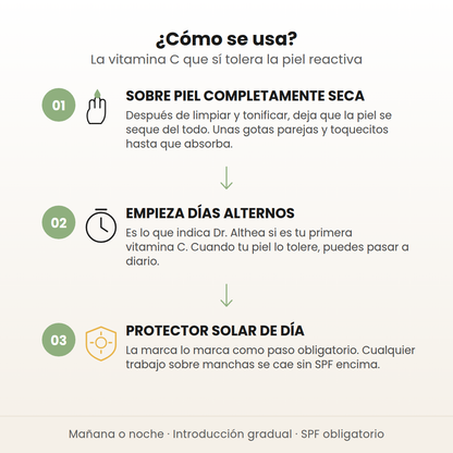 Cómo se usa el suero de vitamina C de Dr. Althea en 3 pasos: sobre piel seca, empieza días alternos y usa protector solar de día