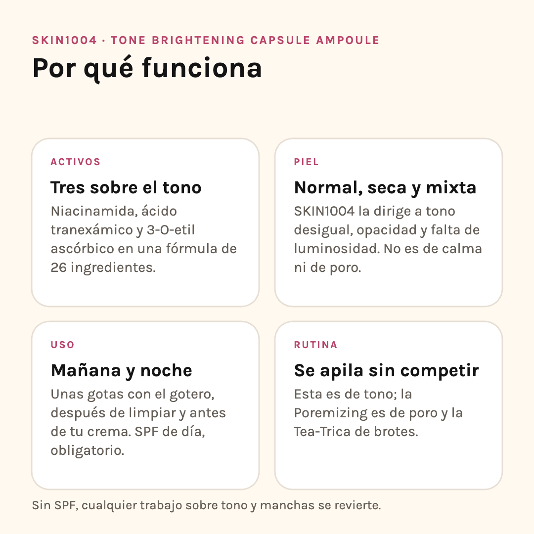 Por qué funciona SKIN1004 Tone Brightening: activos, tipo de piel, uso y lugar en la rutina