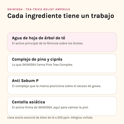 Ingredientes de SKIN1004 Tea-Trica Relief: agua de árbol de té, complejo de pino y ciprés, Anti Sebum P y centella