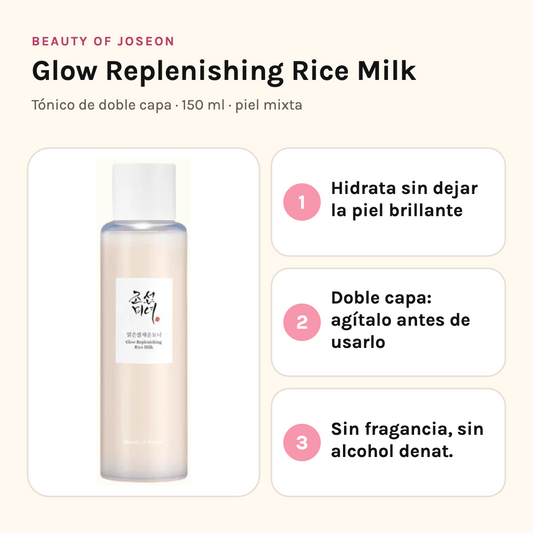 Beauty of Joseon Rice Milk: hidrata sin brillo, tónico de doble capa, sin fragancia ni alcohol denat.