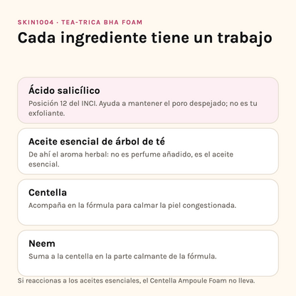 Ingredientes de SKIN1004 Tea-Trica BHA Foam: ácido salicílico, aceite de árbol de té, centella y neem
