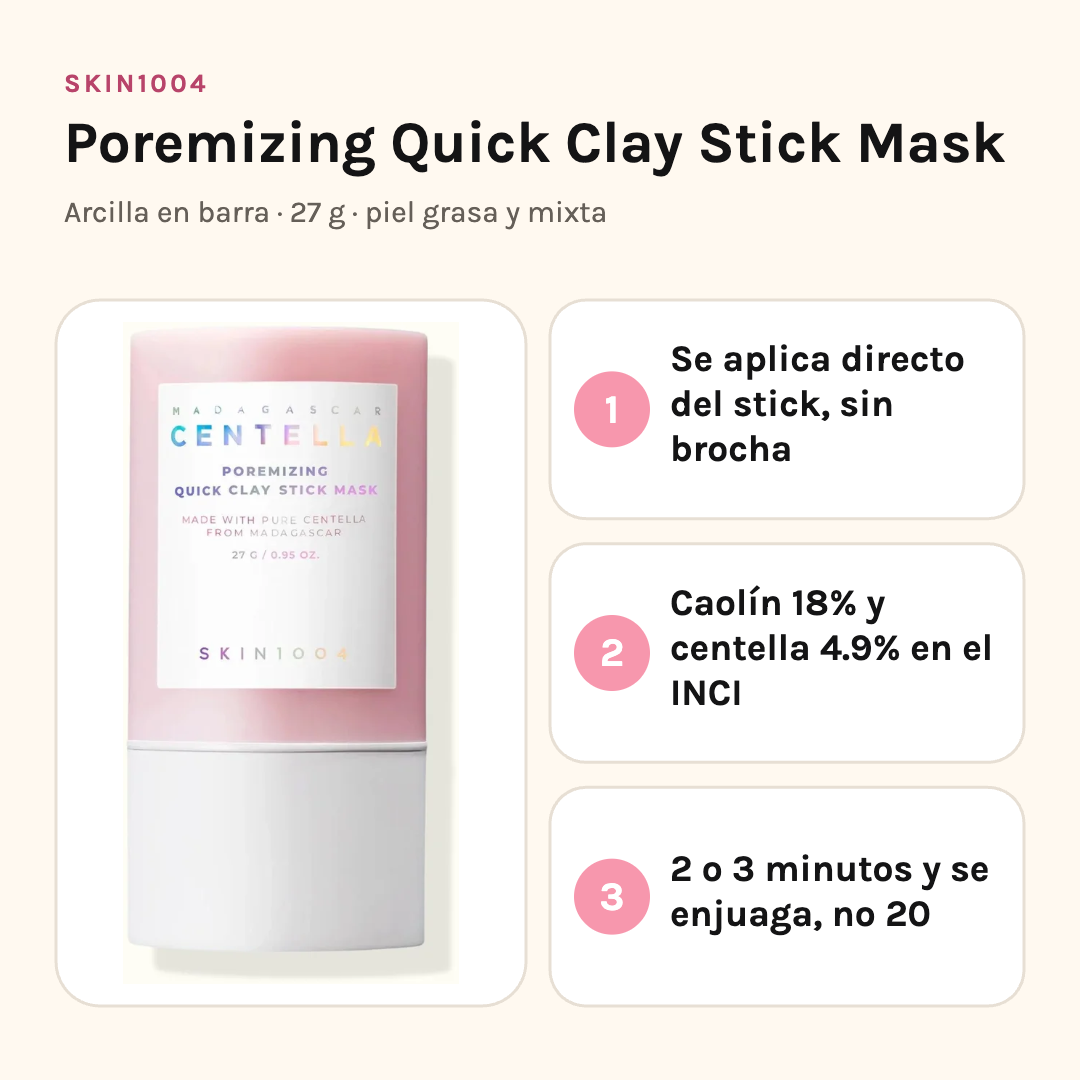 SKIN1004 Poremizing Clay Stick: se aplica directo del stick, caolín 18% y centella 4.9%, 2 o 3 minutos