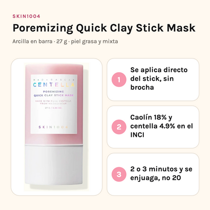 SKIN1004 Poremizing Clay Stick: se aplica directo del stick, caolín 18% y centella 4.9%, 2 o 3 minutos