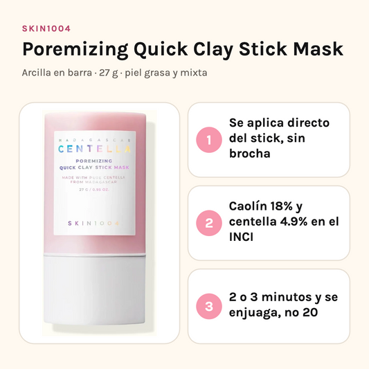 SKIN1004 Poremizing Clay Stick: se aplica directo del stick, caolín 18% y centella 4.9%, 2 o 3 minutos