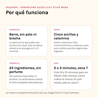 Por qué funciona SKIN1004 Poremizing Clay Stick: formato en barra, cinco arcillas, fórmula y modo de uso