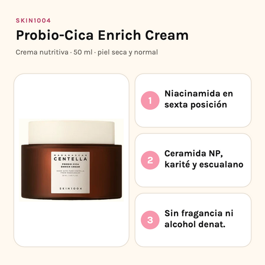 SKIN1004 Probio-Cica Enrich Cream: niacinamida en sexta posición, ceramida NP y karité, sin fragancia