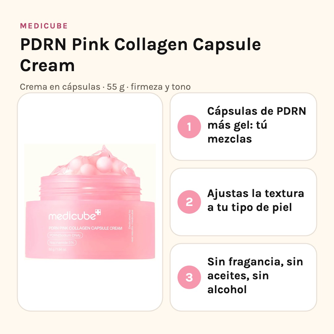 Medicube PDRN Capsule Cream: cápsulas de PDRN más gel, textura ajustable, sin fragancia ni aceites