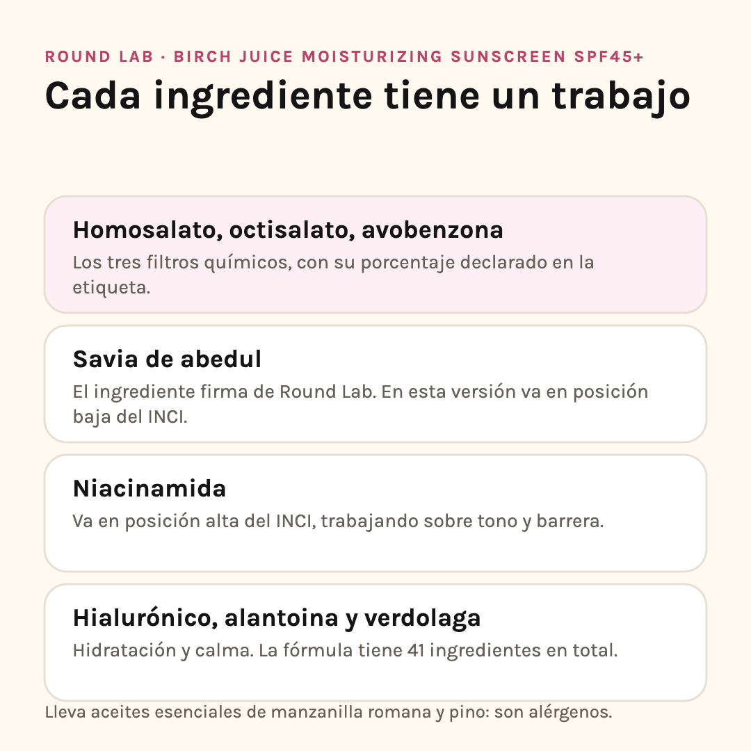 Ingredientes de Round Lab Birch Juice SPF45+: homosalato, octisalato, avobenzona, savia de abedul y niacinamida