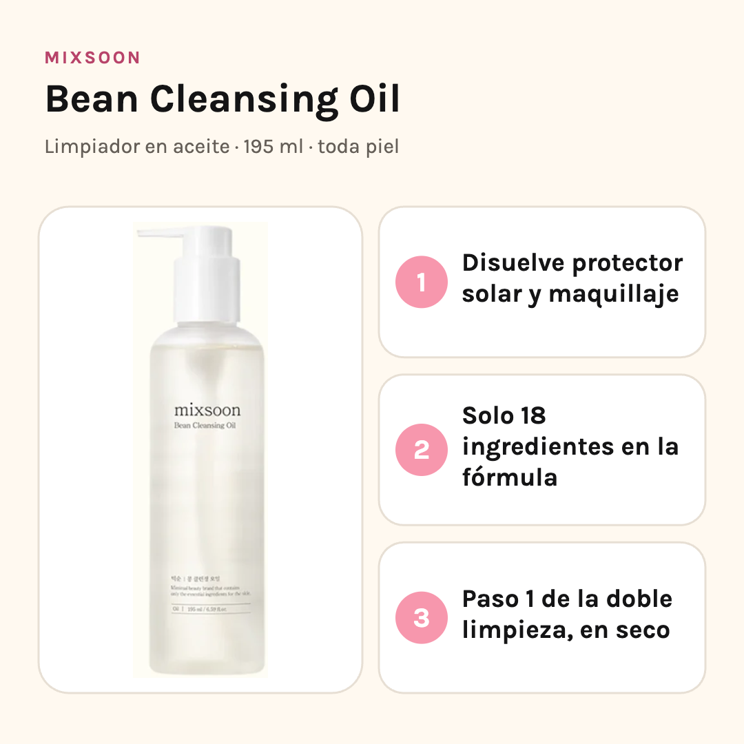 Mixsoon Bean Cleansing Oil: disuelve protector solar y maquillaje, 18 ingredientes, paso 1 de la doble limpieza
