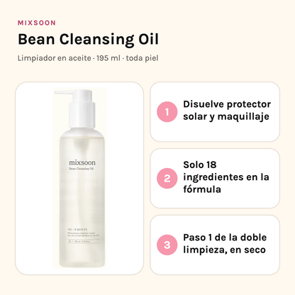 Mixsoon Bean Cleansing Oil: disuelve protector solar y maquillaje, 18 ingredientes, paso 1 de la doble limpieza