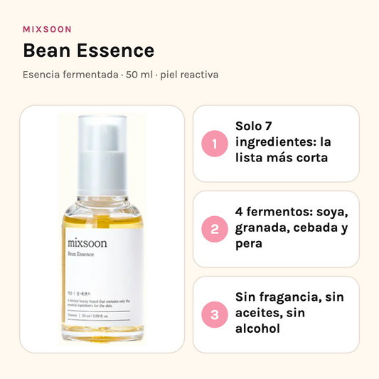 Mixsoon Bean Essence: solo 7 ingredientes, cuatro fermentos, sin fragancia ni aceites ni alcohol