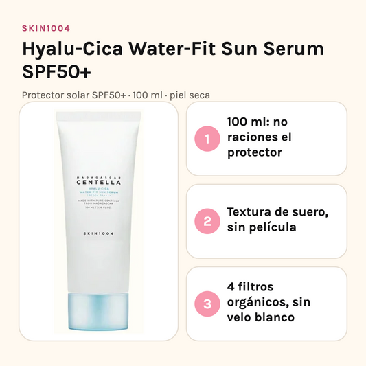 SKIN1004 Hyalu-Cica Sun Serum SPF50+: formato de 100 ml, textura de suero, cuatro filtros orgánicos