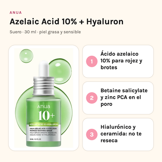 Anua Azelaic Acid 10% + Hyaluron: azelaico al 10% para rojez y brotes, con hialurónico y ceramida