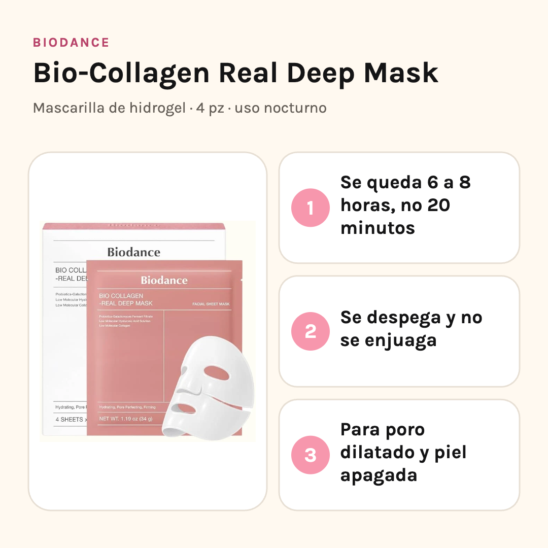 Biodance Bio-Collagen Mask: se deja de 6 a 8 horas, se despega sin enjuagar, para poro y piel apagada
