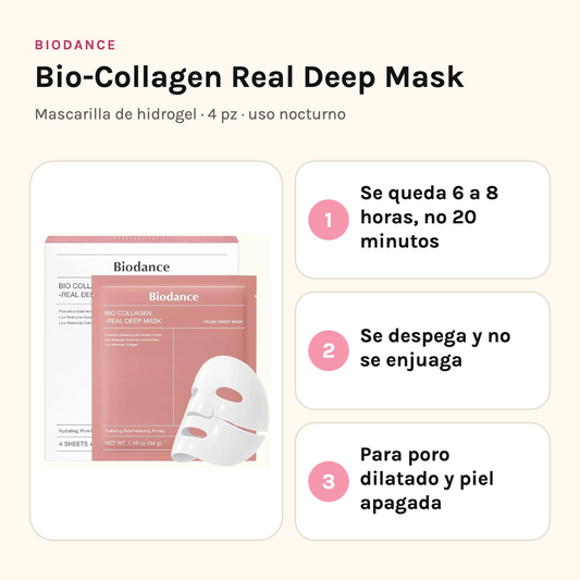 Biodance Bio-Collagen Mask: se deja de 6 a 8 horas, se despega sin enjuagar, para poro y piel apagada