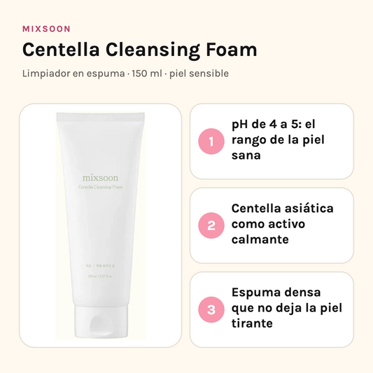 Mixsoon Centella Cleansing Foam: pH de 4 a 5, centella calmante y espuma densa que no deja tirantez