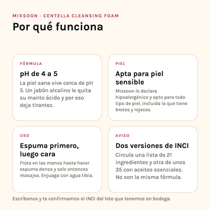 Por qué funciona Mixsoon Centella Cleansing Foam: pH, piel sensible, modo de uso y aviso de INCI